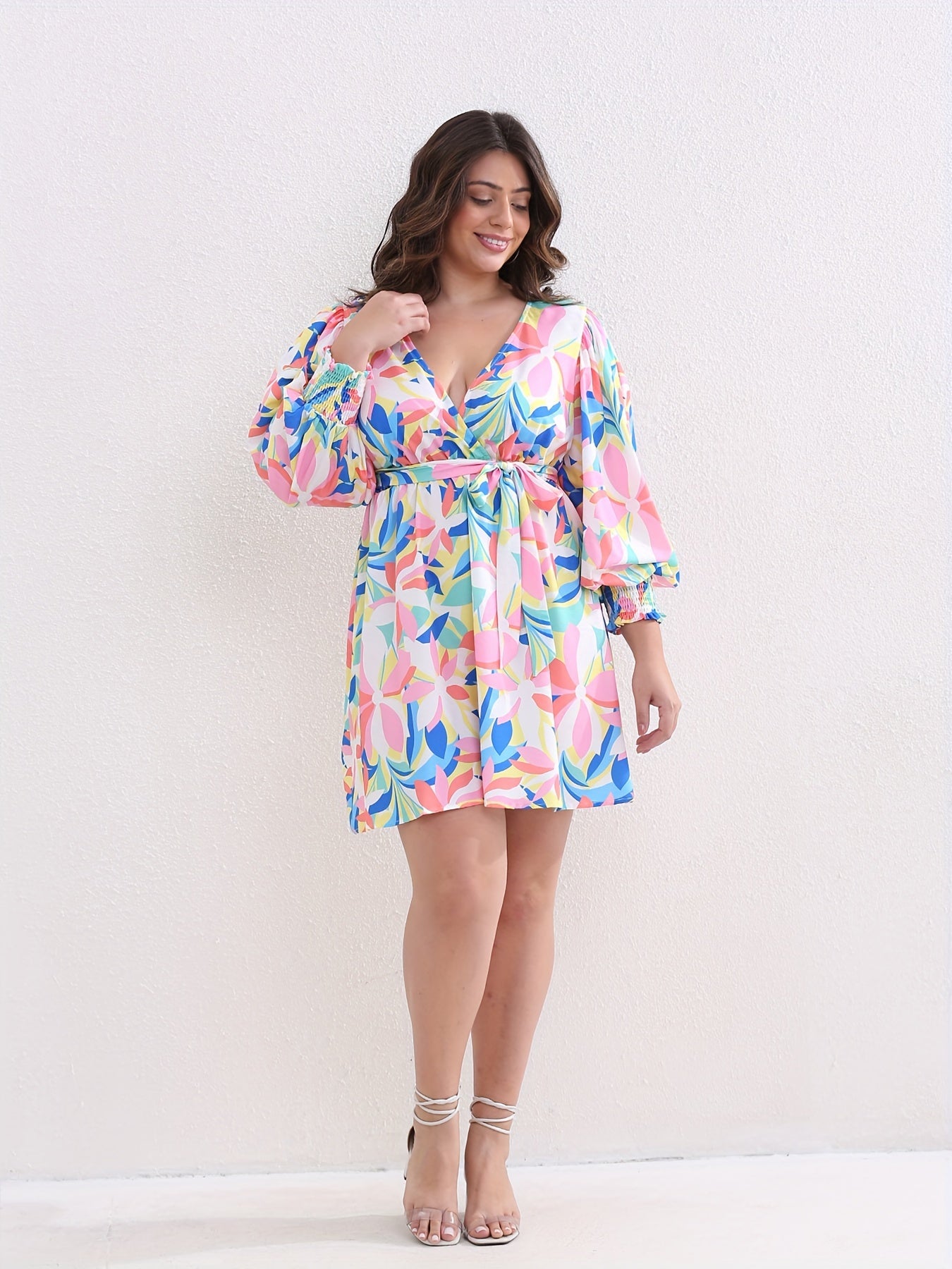  Floral Print Lantern Sleeve Dress With Belt