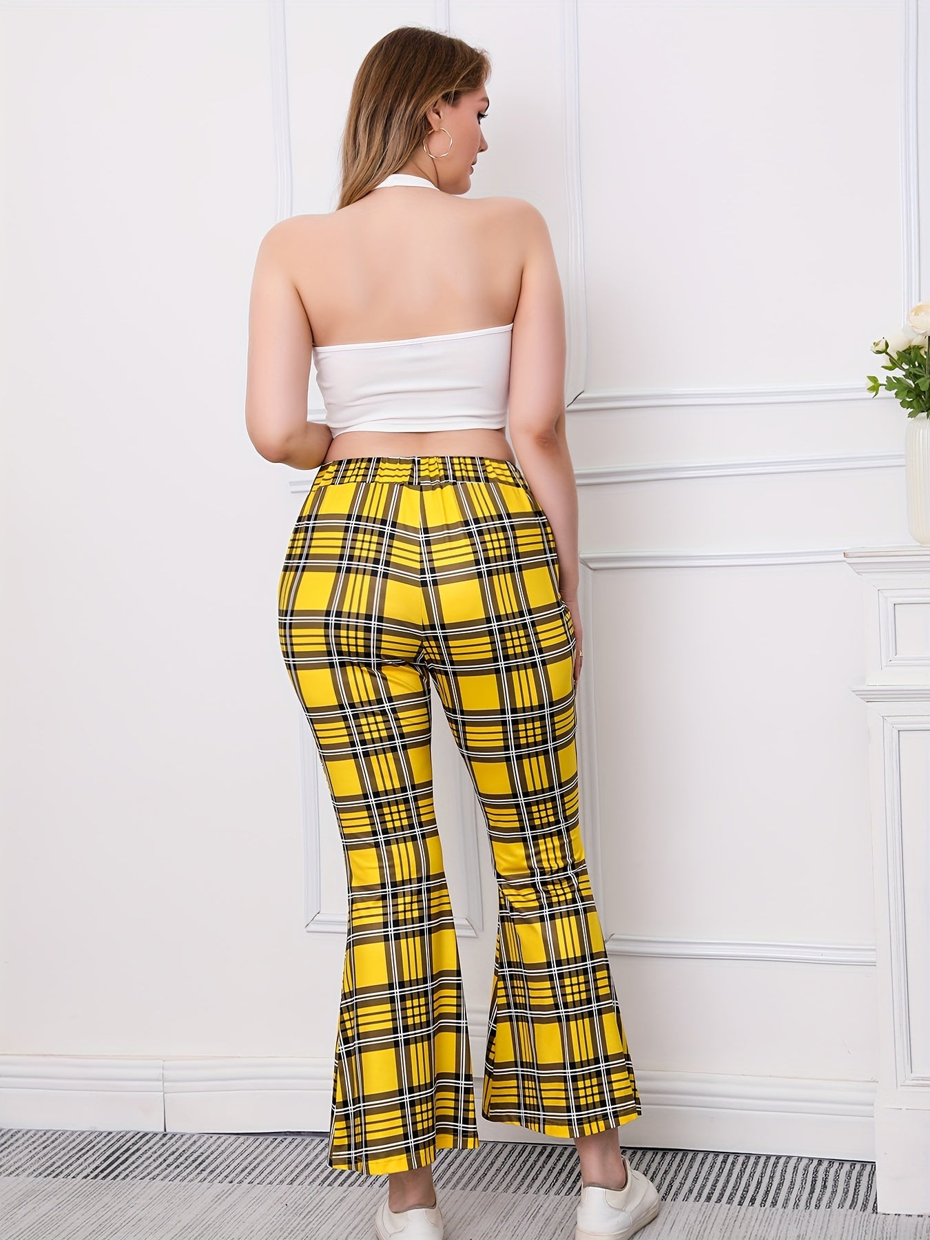  Plaid Print High Rise Flared Leggings