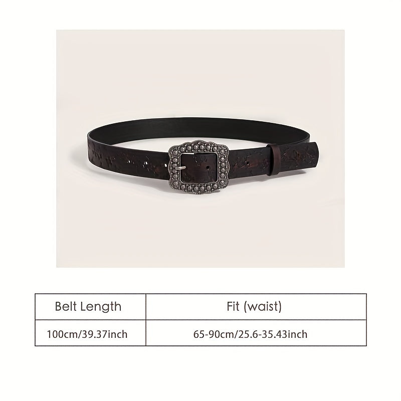 Vintage Carved Buckle Brown Belt Skull Pattern Embossed PU Leather Belt
