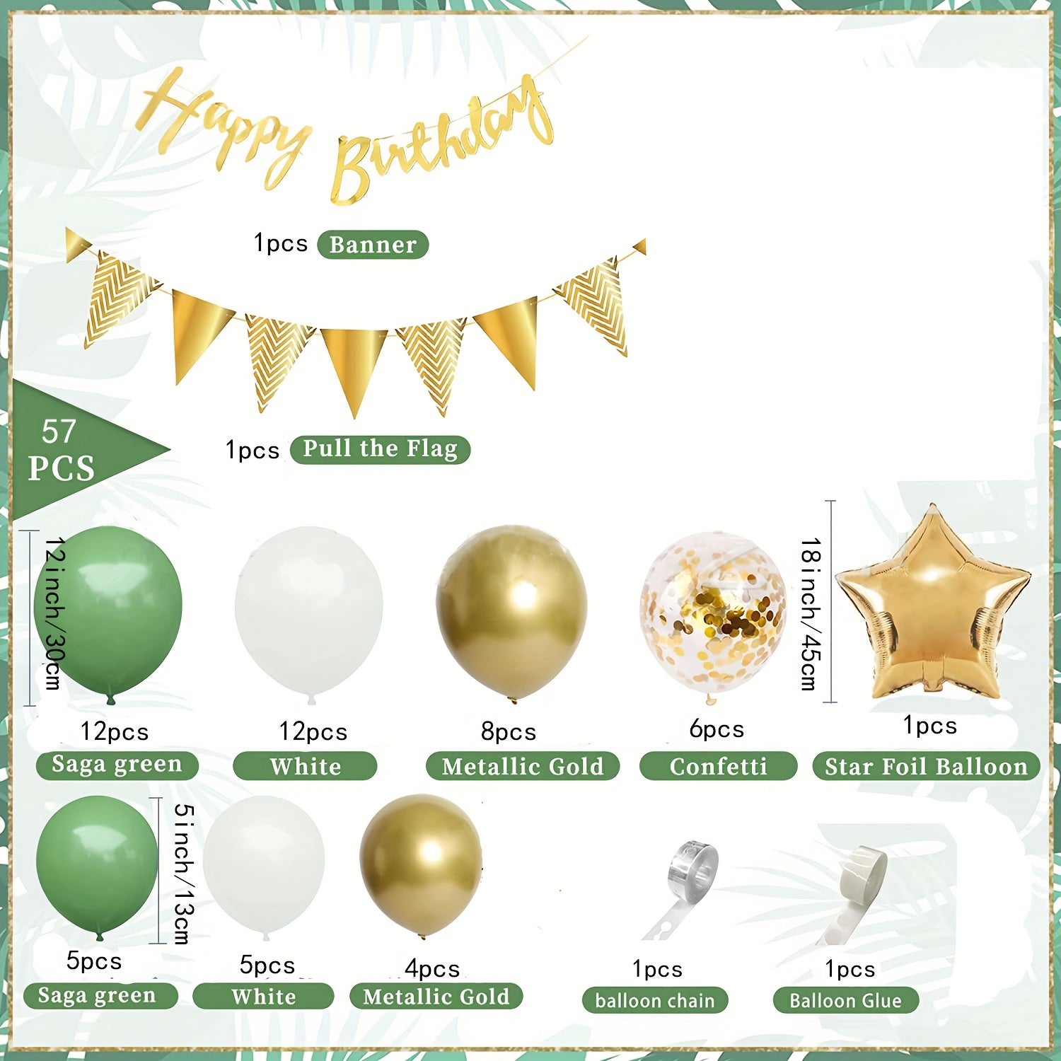 Happy Birthday Balloon Arch Garland Green Golden Confetti Latex Aluminum Foil St