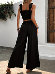 Casual Shirred Crop Tank Top & Wide Leg Pants Set