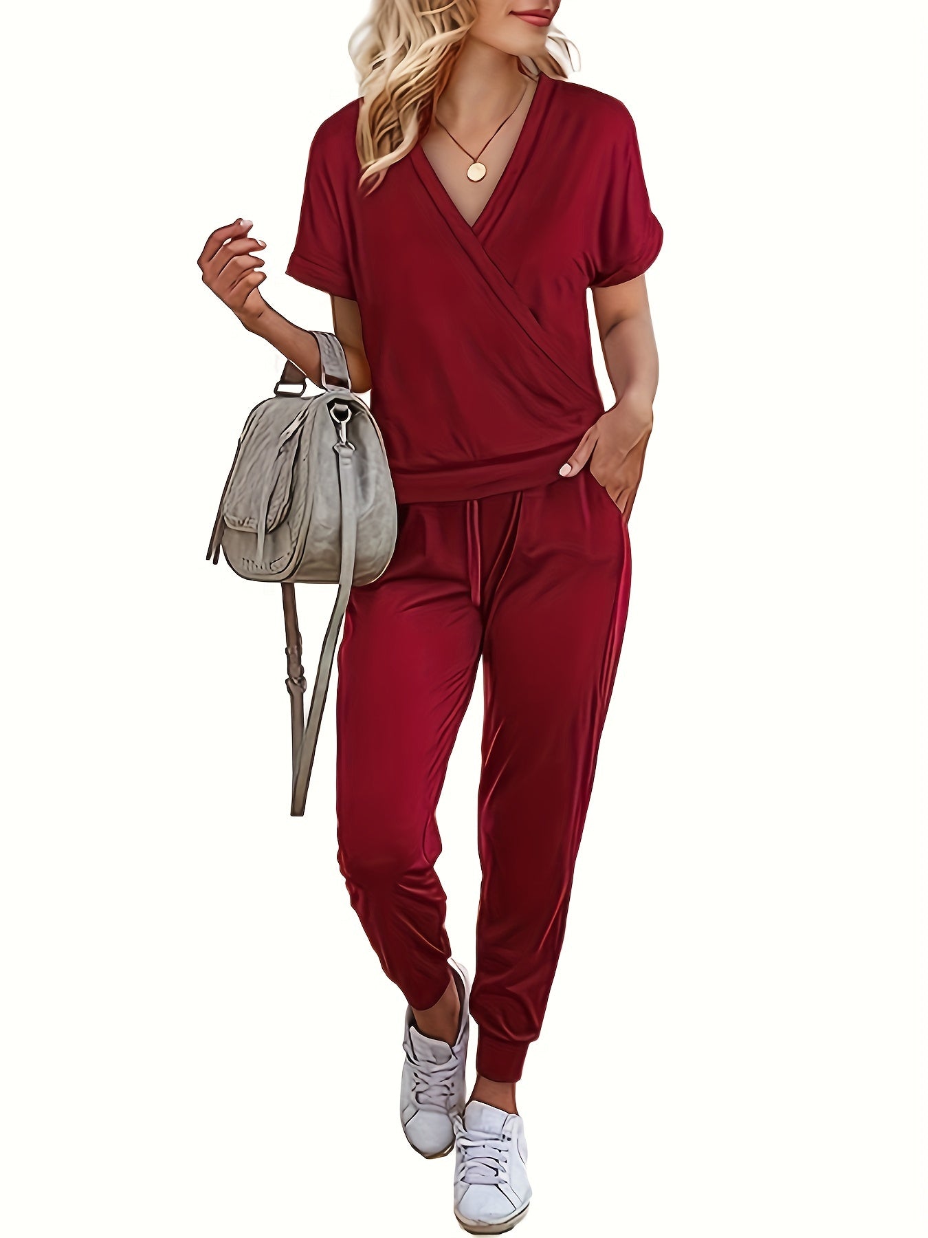  Casual Outfits Set Women's Plus Solid Batwing Sleeve Top & Pants Set