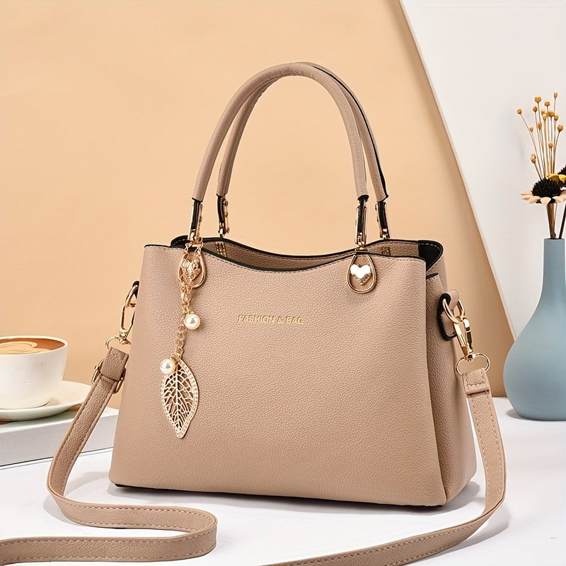 Classic Shoulder Handbag with Metal Leaf Pendant - Stylish and Spacious