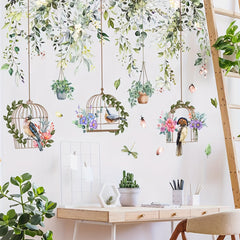 2pcs Flower Vine Tree Branches And Birds Wall Stickers Self Adhesive Decor