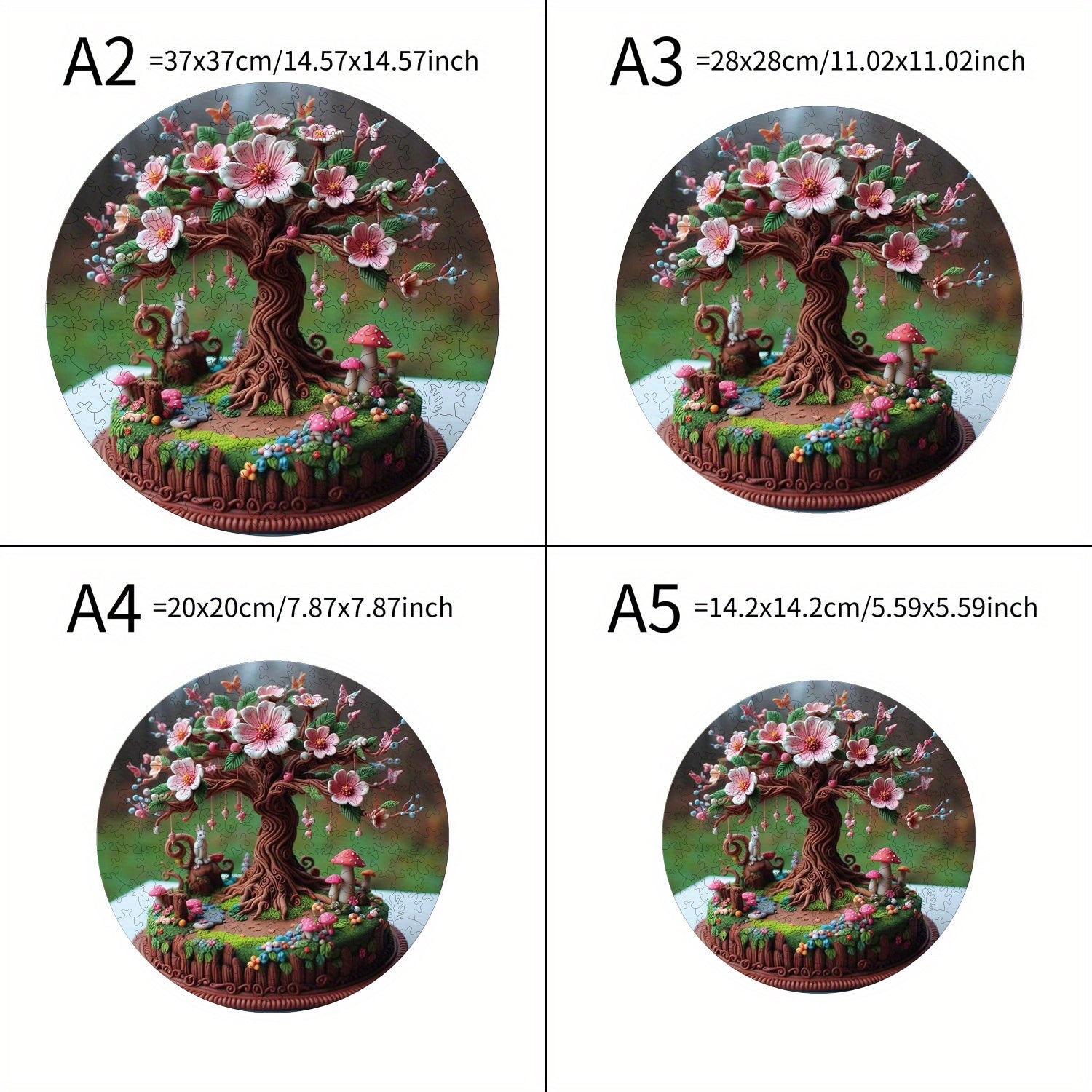 Plywood Puzzle 500 Pieces Vibrant Peach Tree with Mushrooms & Flowers