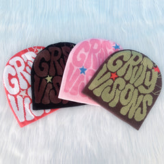 Y2K Candy Knit Beanie Hat Letter Jacquard Elastic Warm Skull Cap