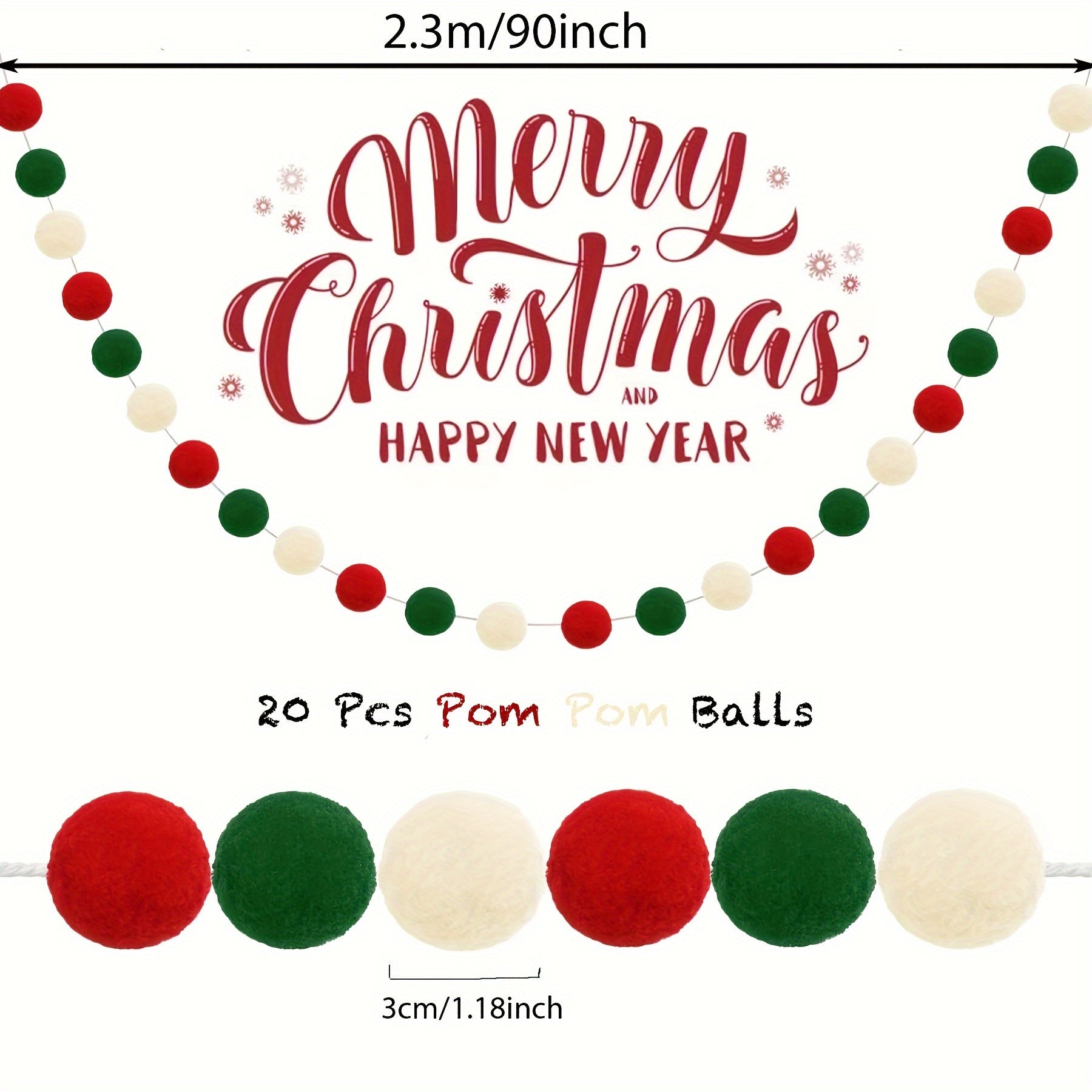 Christmas Pom Pom Garland Red Green Felt Ball Ornament Xmas Tree Decor