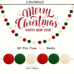 Christmas Pom Pom Garland Red Green Felt Ball Ornament Xmas Tree Decor