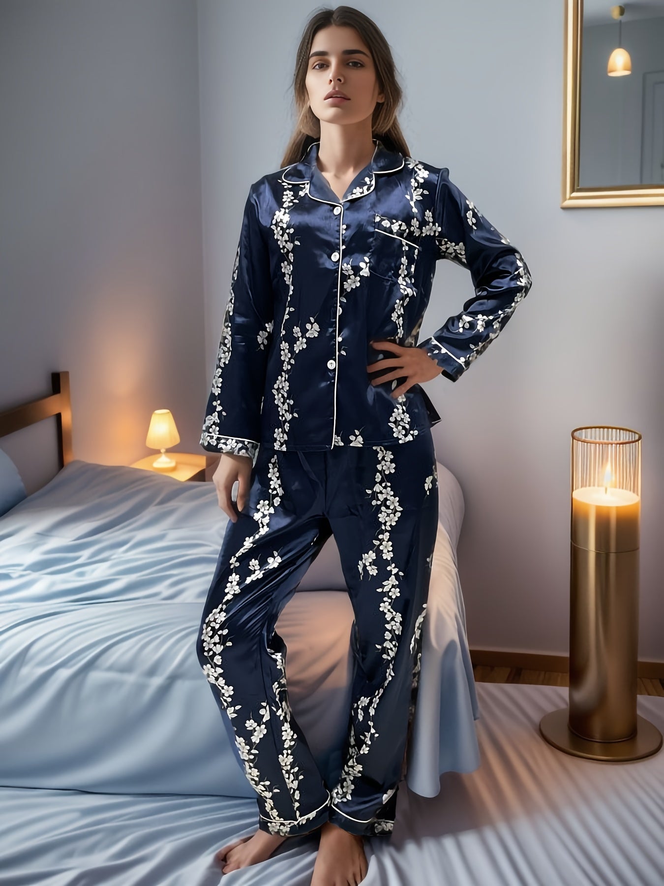 Floral Print Pajama Set Long Sleeve Top & Pants Women's Sleepwear