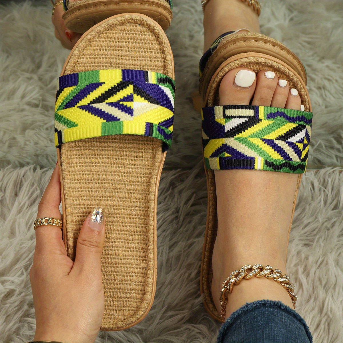 Colorful Geometric Pattern Sandals Slip On Open Toe Non-slip Slides Shoes