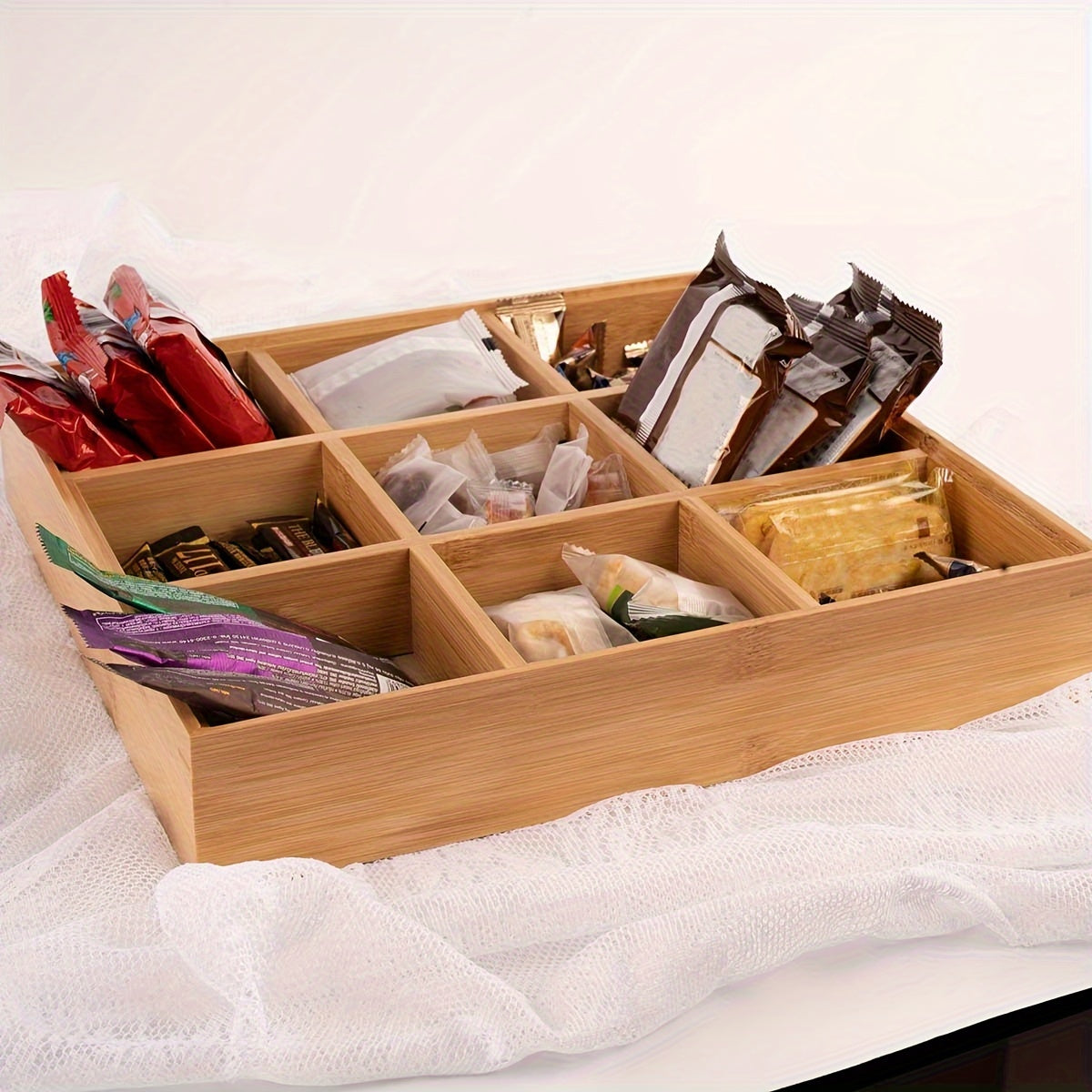 Bamboo Wood Food Storage Box Divided Compartment Bin Room Decor