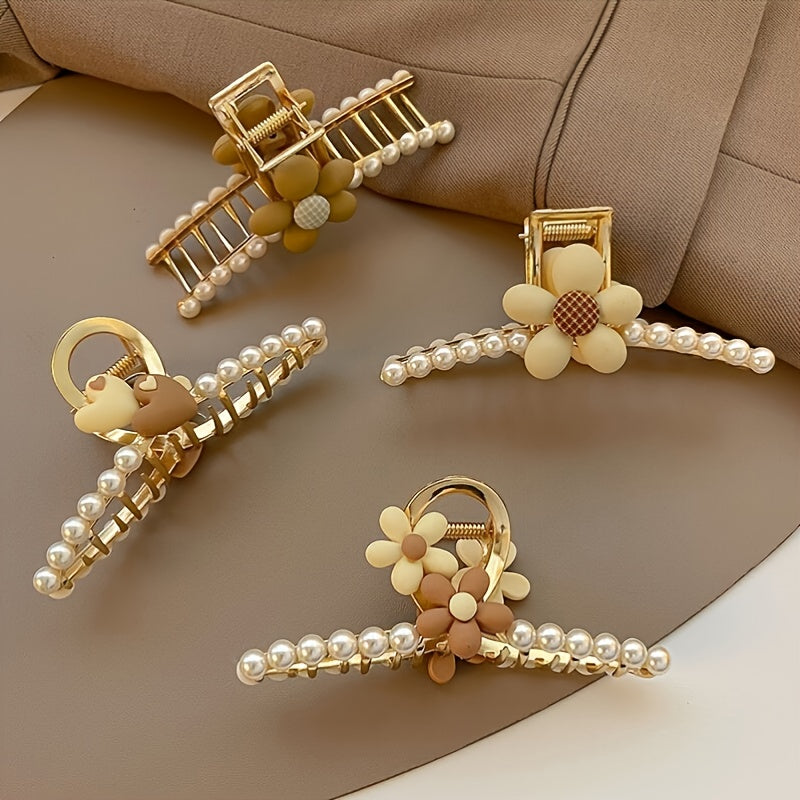 Pearl Heart Flower Metal Hair Grab Clear Hair Claws Hair Claw