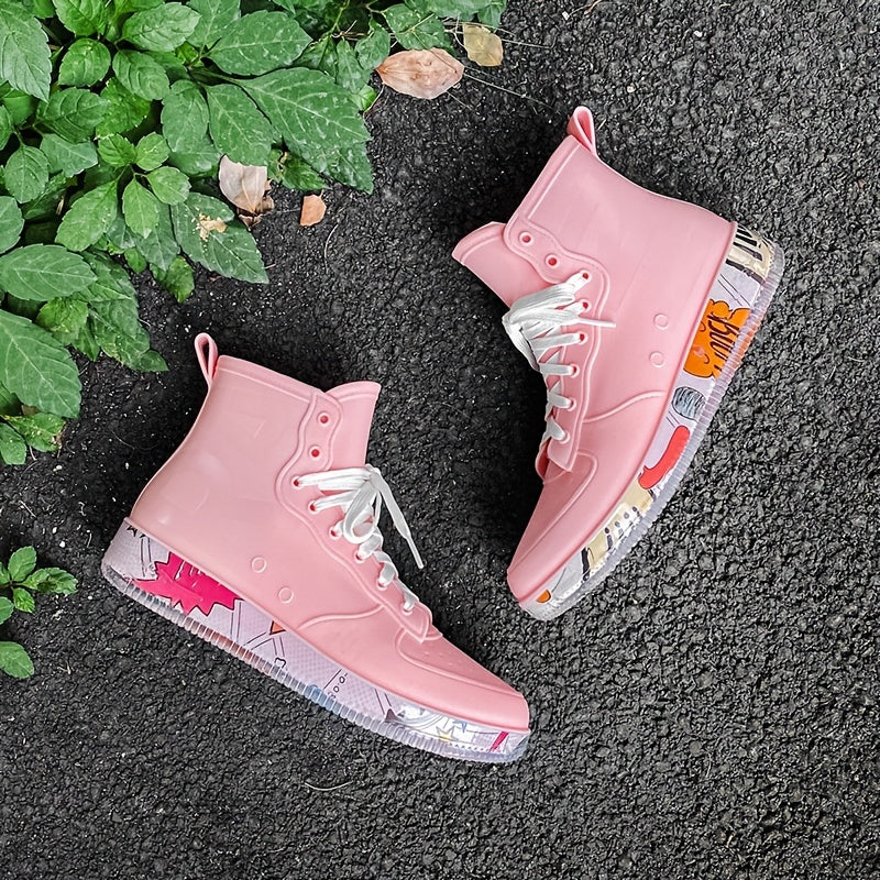Pink Waterproof Lace-Up Platform Rain Boots for Women