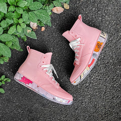 Pink Waterproof Lace-Up Platform Rain Boots for Women