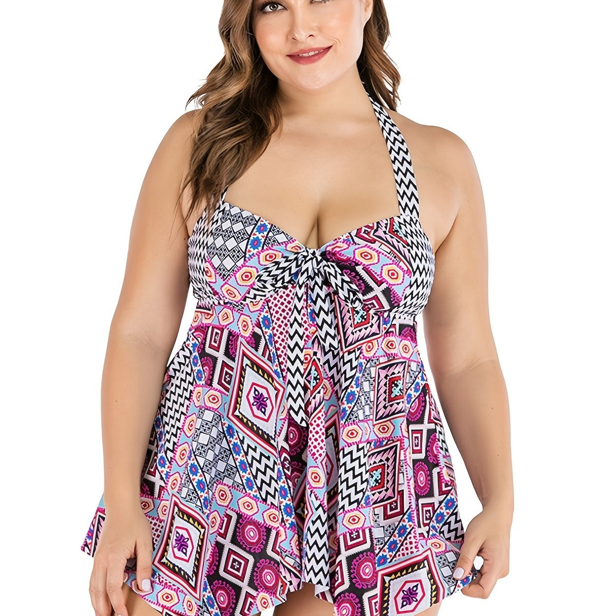  Geometric Print Tankini Set with Bow Front