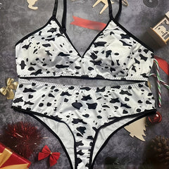  Cow Print V Neck Bra & Panty Lingerie Set