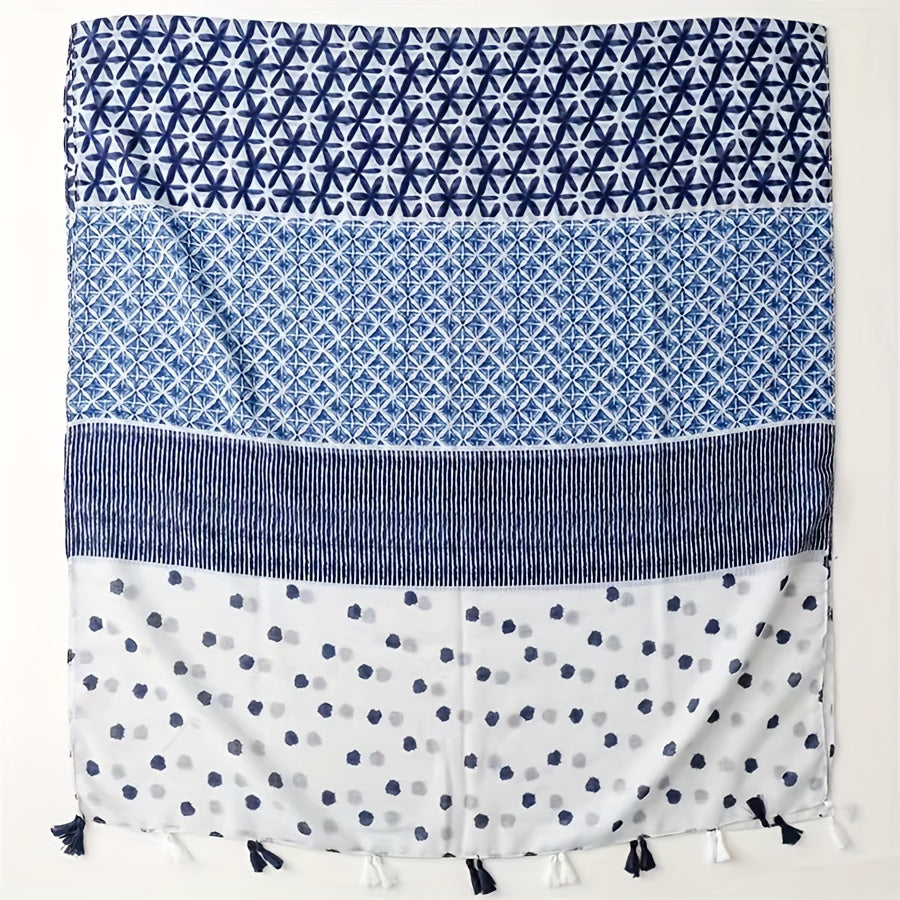 Geometric Print Tassel Scarf Boho Block Shawl Casual Hijab Head Wrap Women