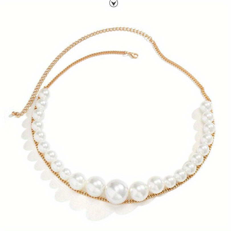 Faux Pearl Waist Chain Double Layer Metal Chain Belt Decorative Dress Girdle