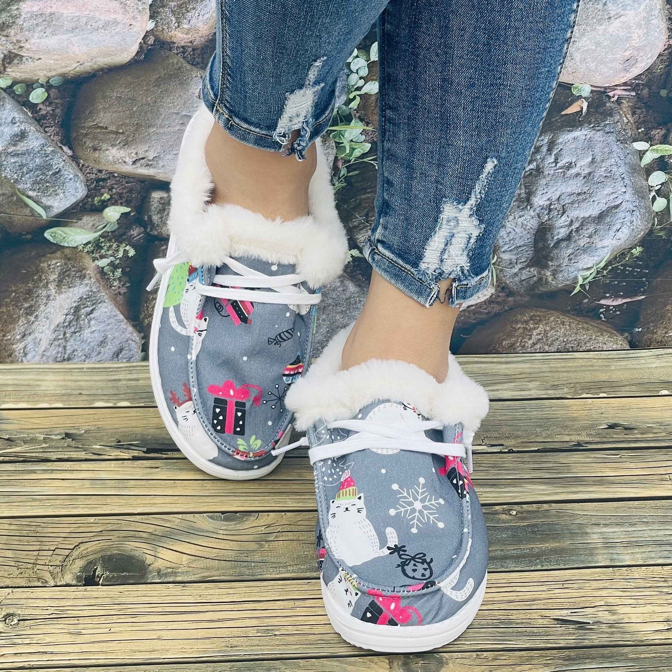 Christmas Women's Flat Cat Print Snow Boots Slip On
