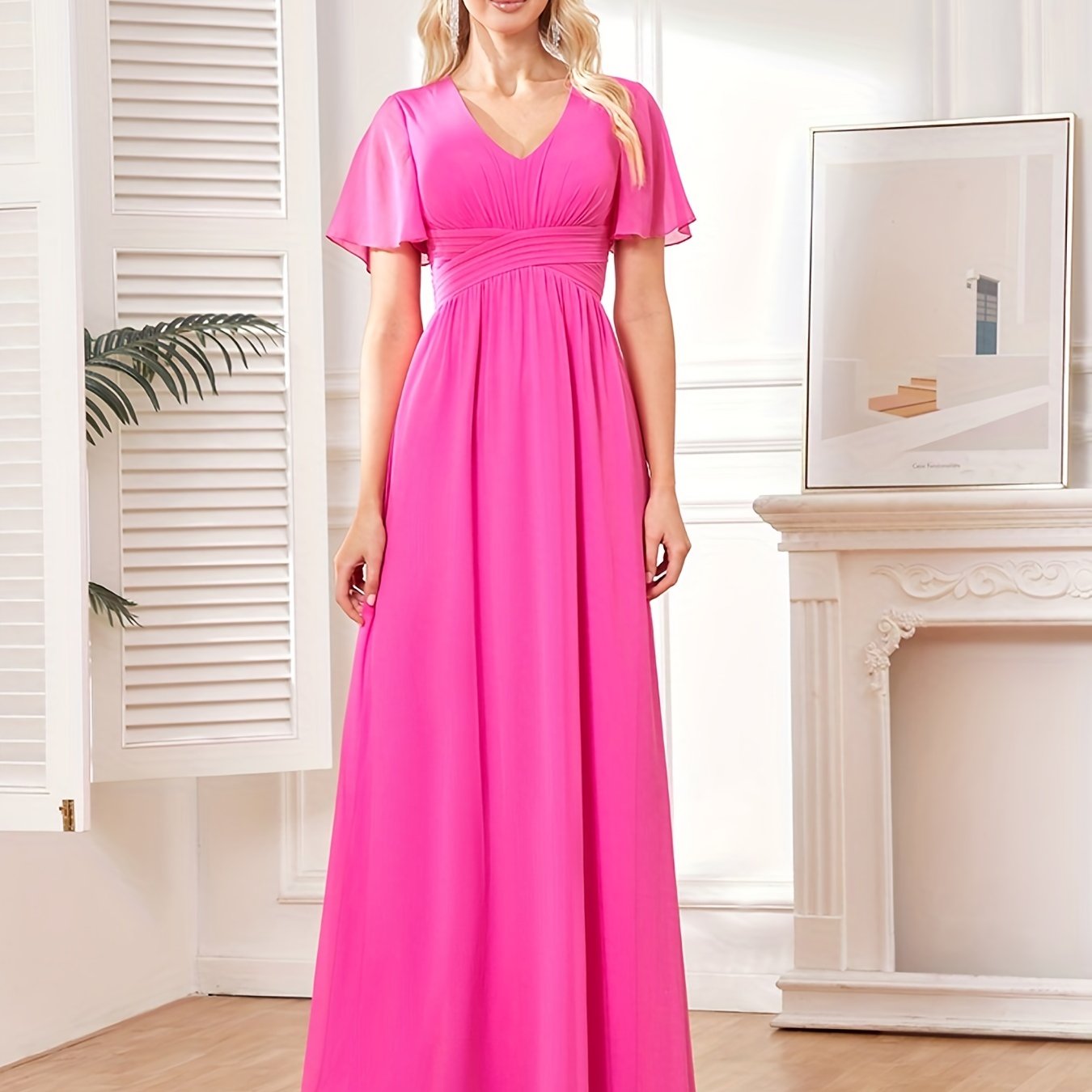 Solid V Neck Bridesmaid Dress Short Sleeve Maxi Wedding Party Dress