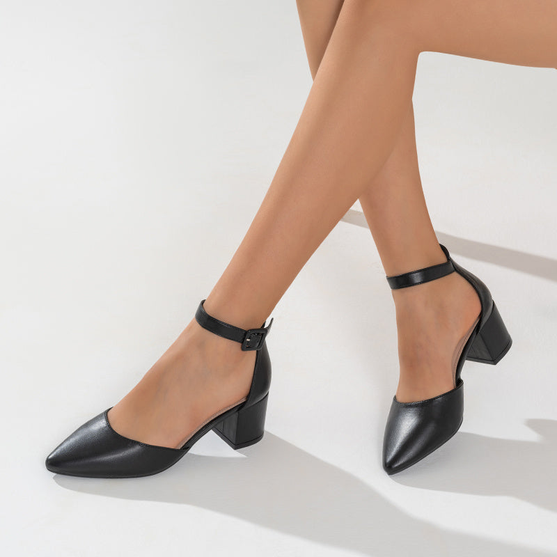 Women's Chunky High Heel Pumps, Ankle Strap Pointed Toe