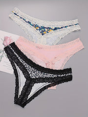 3 Pack Plus Size Lace Trim Thongs Leopard & Strawberry & Floral Print