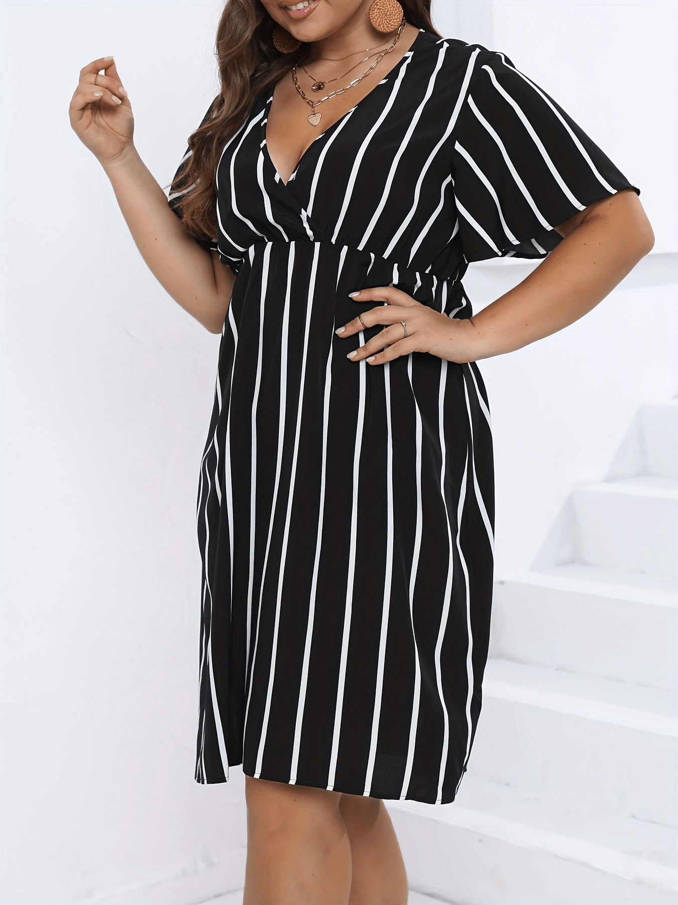  Pin Stripe Print Cap Sleeve Midi Dress