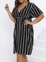  Pin Stripe Print Cap Sleeve Midi Dress