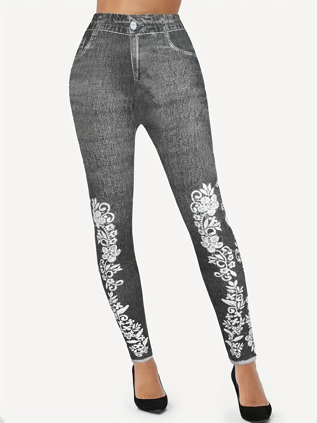 Floral Denim Print Leggings High Waist Workout Leggings