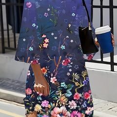  Casual Dress Women's Plus Floral Print Long Sleeve Smock Dress