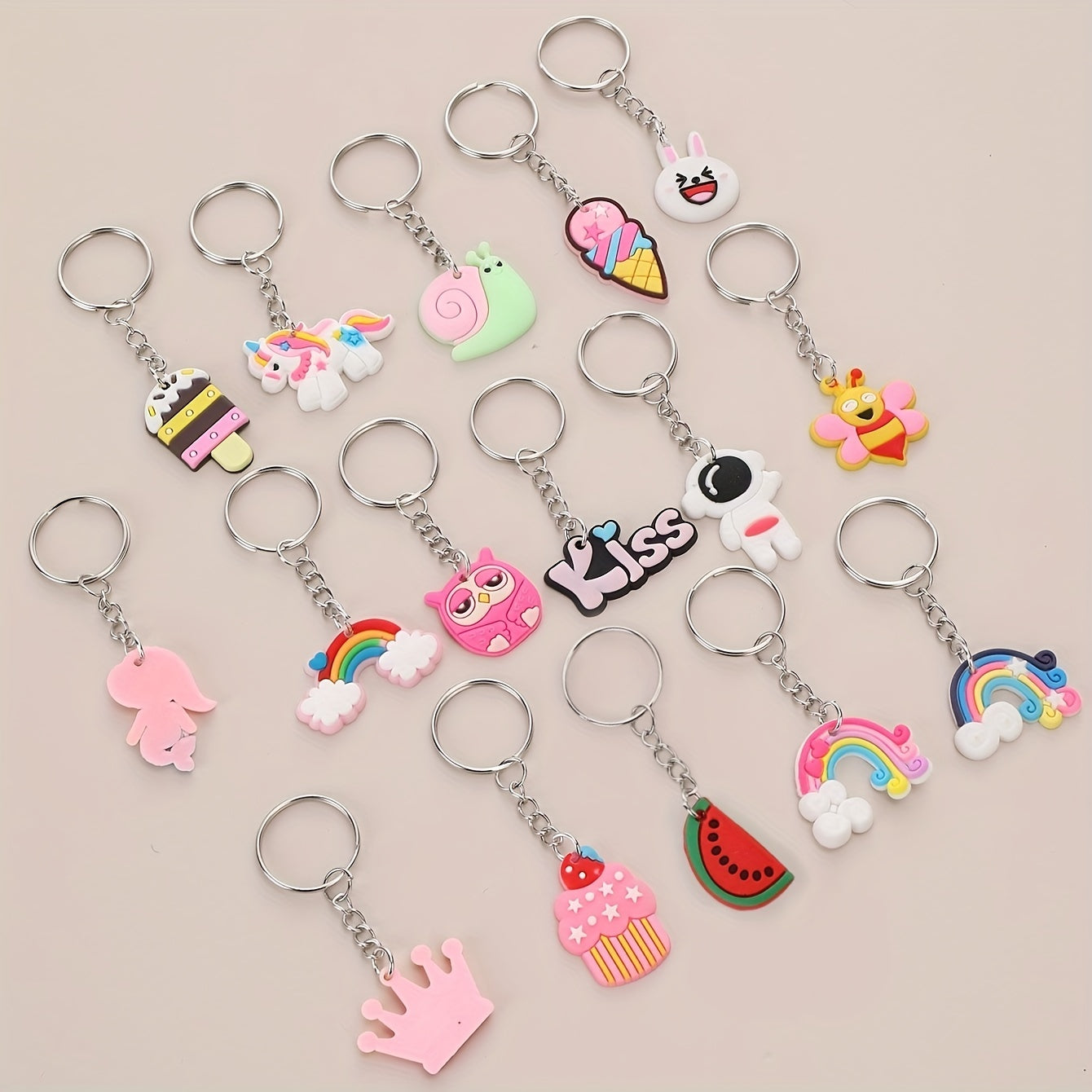 16pcs Cartoon Silicone Keychain Rings Unicorn Dinosaur Astronaut Party Favors