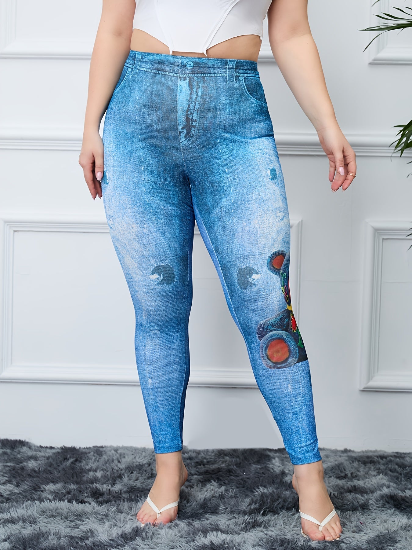  Teddy Bear & Denim Print High Rise Fitness Leggings Women's Plus