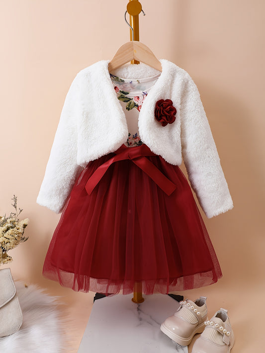 Girl's Floral Mesh Dress & Cardigan Set Casual Outfits Spring Autumn
