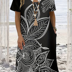  Floral Print Short Sleeve Casual Dress With Pockets