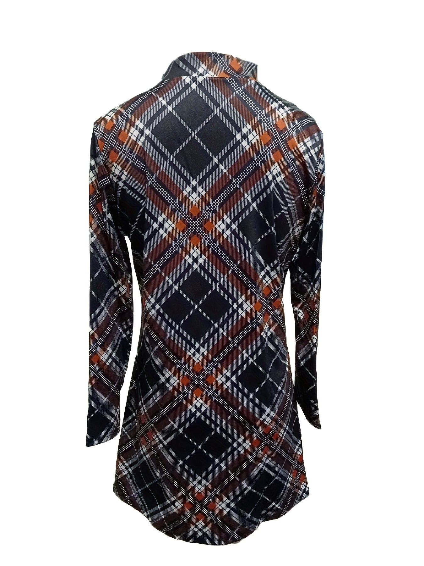  Plaid Print Half Sleeve Mock Neck Mini Dress