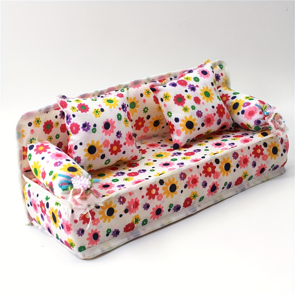Dollhouse Furniture Flower Cloth Sofa with 2 Cushions