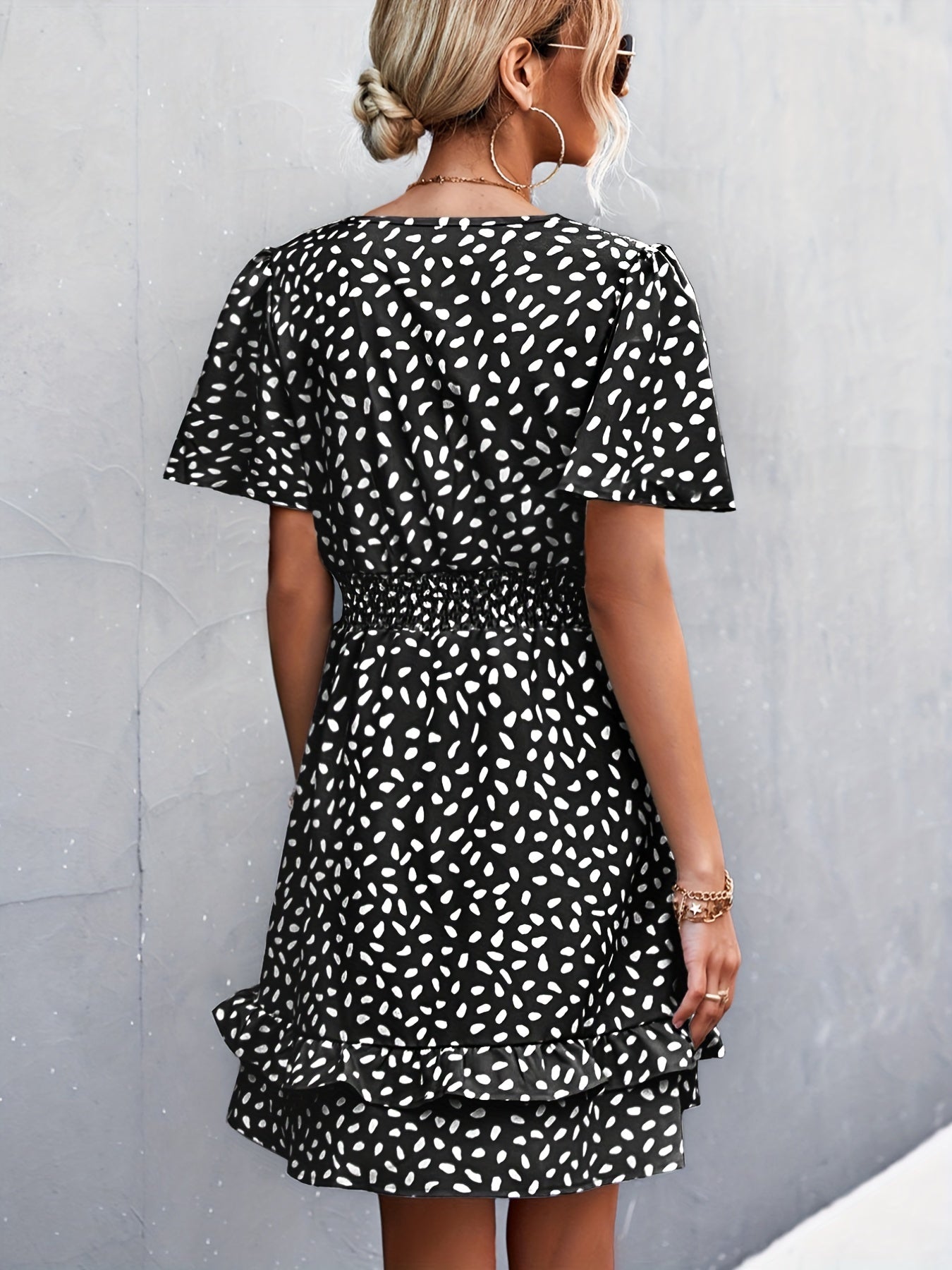 Polka Dot Dress Ruffle Sleeves Boho Swing Blouse Vacation Dress