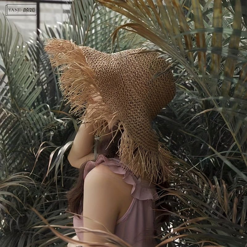 Vintage Raw Brim Sun Hat Solid Crochet Tassel Straw Hat Boho Outdoor Sun Shade
