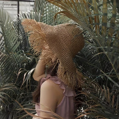 Vintage Raw Brim Sun Hat Solid Crochet Tassel Straw Hat Boho Outdoor Sun Shade