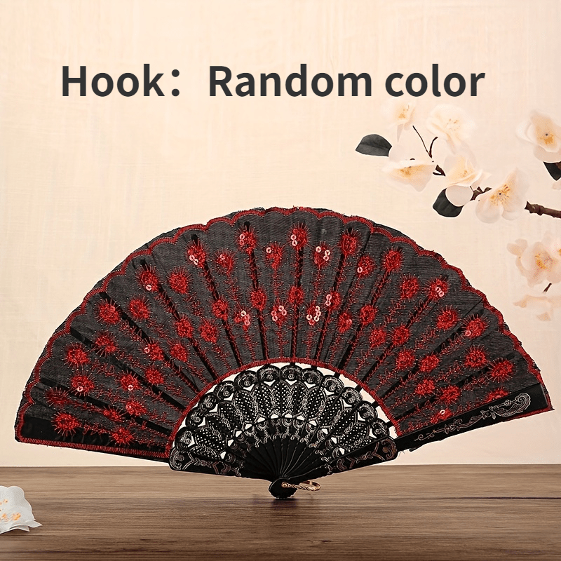 Sequin Fabric Folding Fan Embroidery Lace Fan Vintage Fan