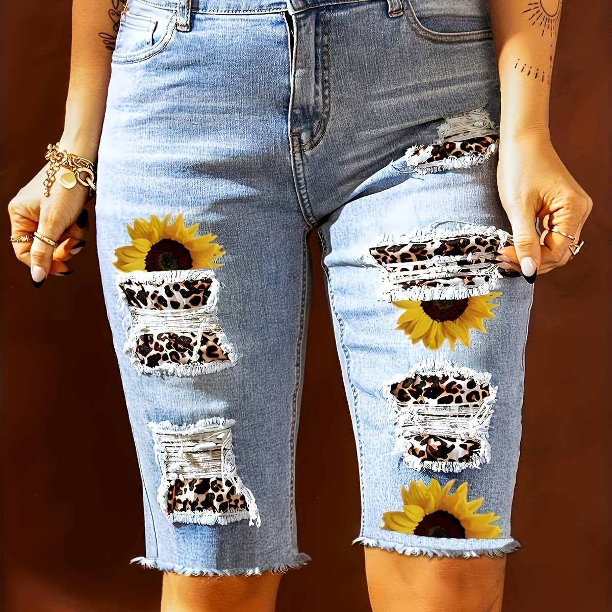  Sunflower & Leopard Print Denim Shorts