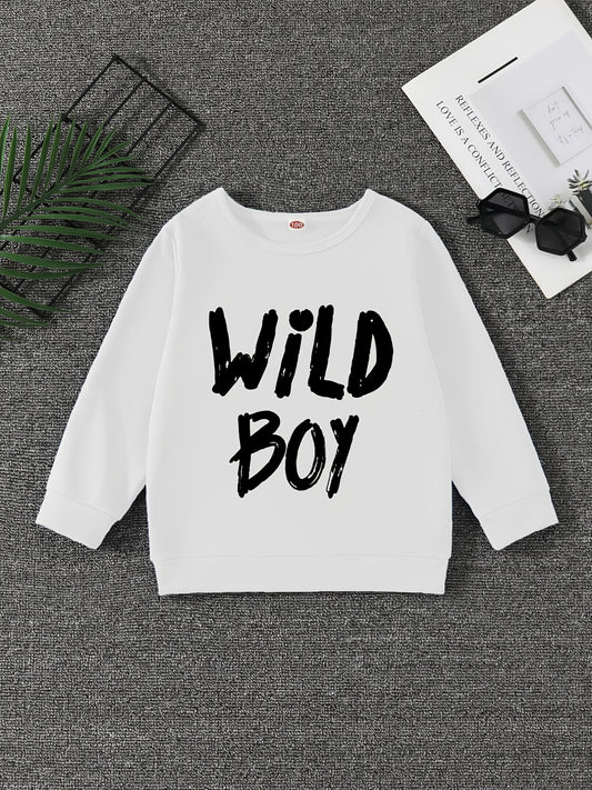 WILD BOY Letter Print Boys Casual Pullover Sweatshirt Long Sleeve Tops