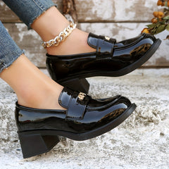 Women's Chunky Heel Loafers Patent Leather Mid Heels British Style
