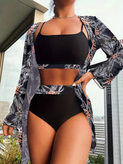 Tropical Print 3 Piece Set Swimsuits Floral Plants Cover Up Top Bottom