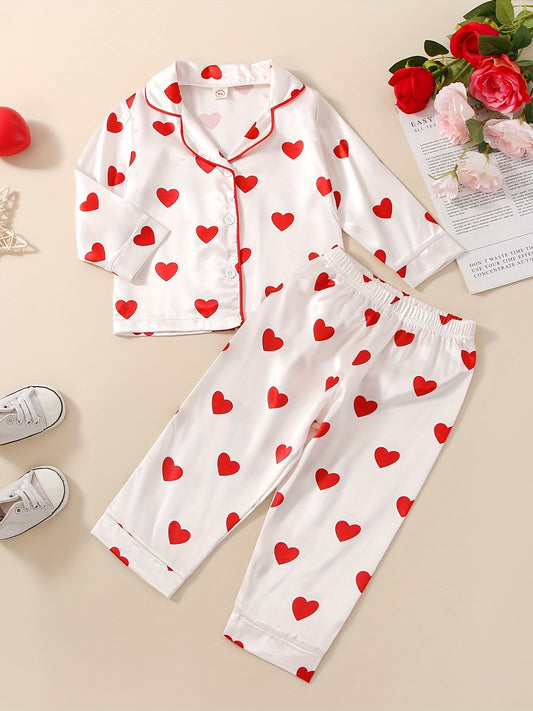 Girls' Cotton Heart Print Pajama Set V Neck Long Sleeve Shirt & Pants