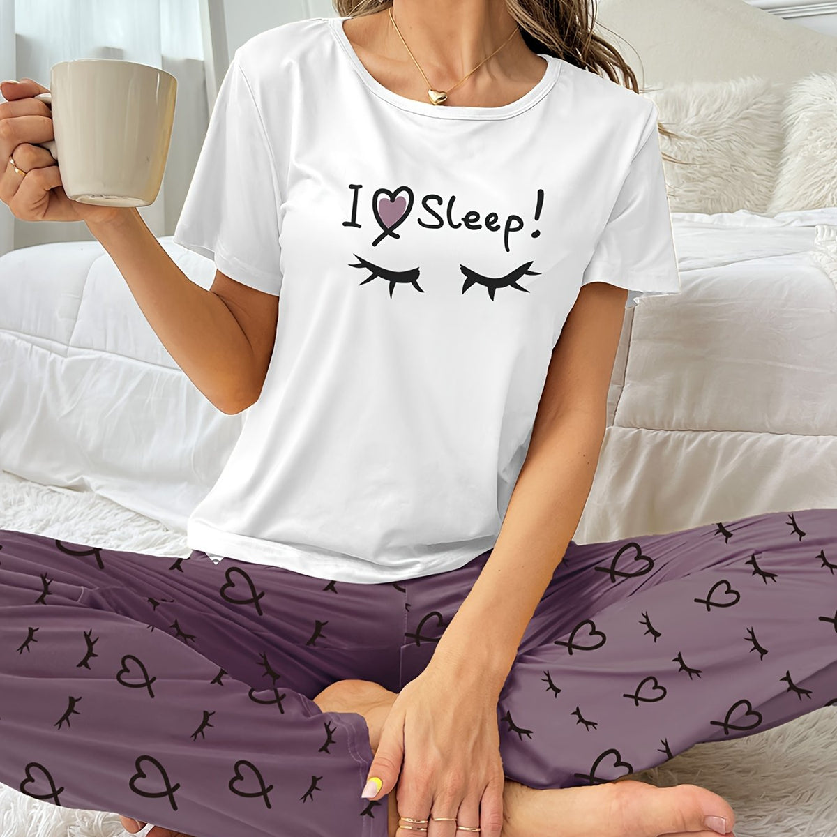 Heart Print Pajama Set Short Sleeve Crew Neck Top & Elastic Waistband Pants