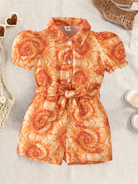 Girls Tie Dye Full Print Button Down Short Sleeve Romper Kids Jumpsuit