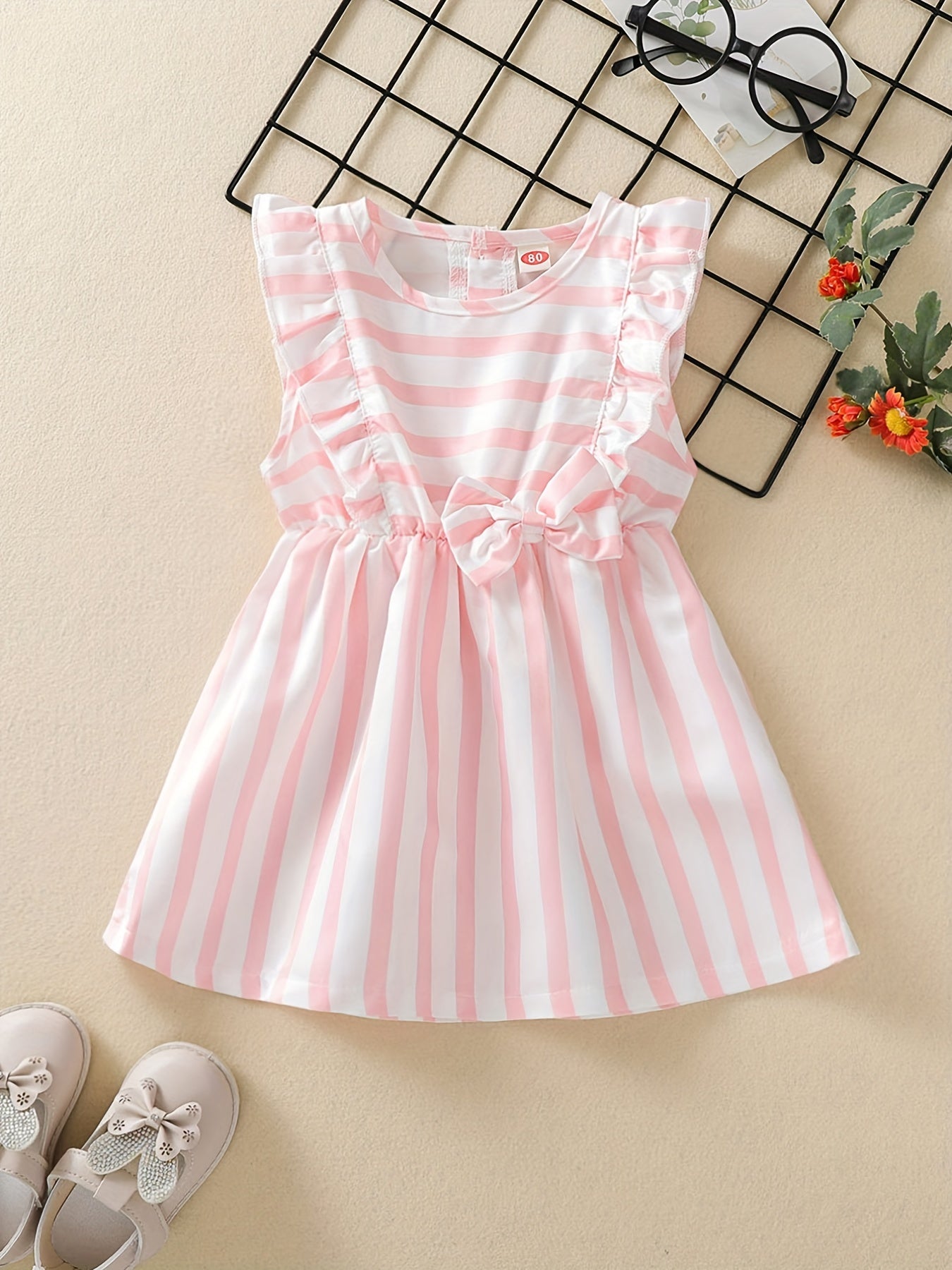Baby Girls Striped Sleeveless Dress With Bow