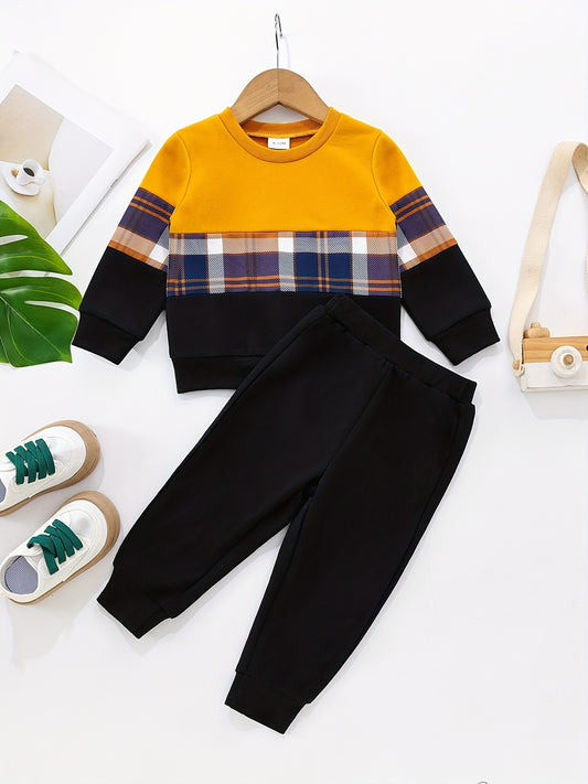 Toddler Boy's Plaid Sweatshirt & Sweatpants Set Street Style Outfit