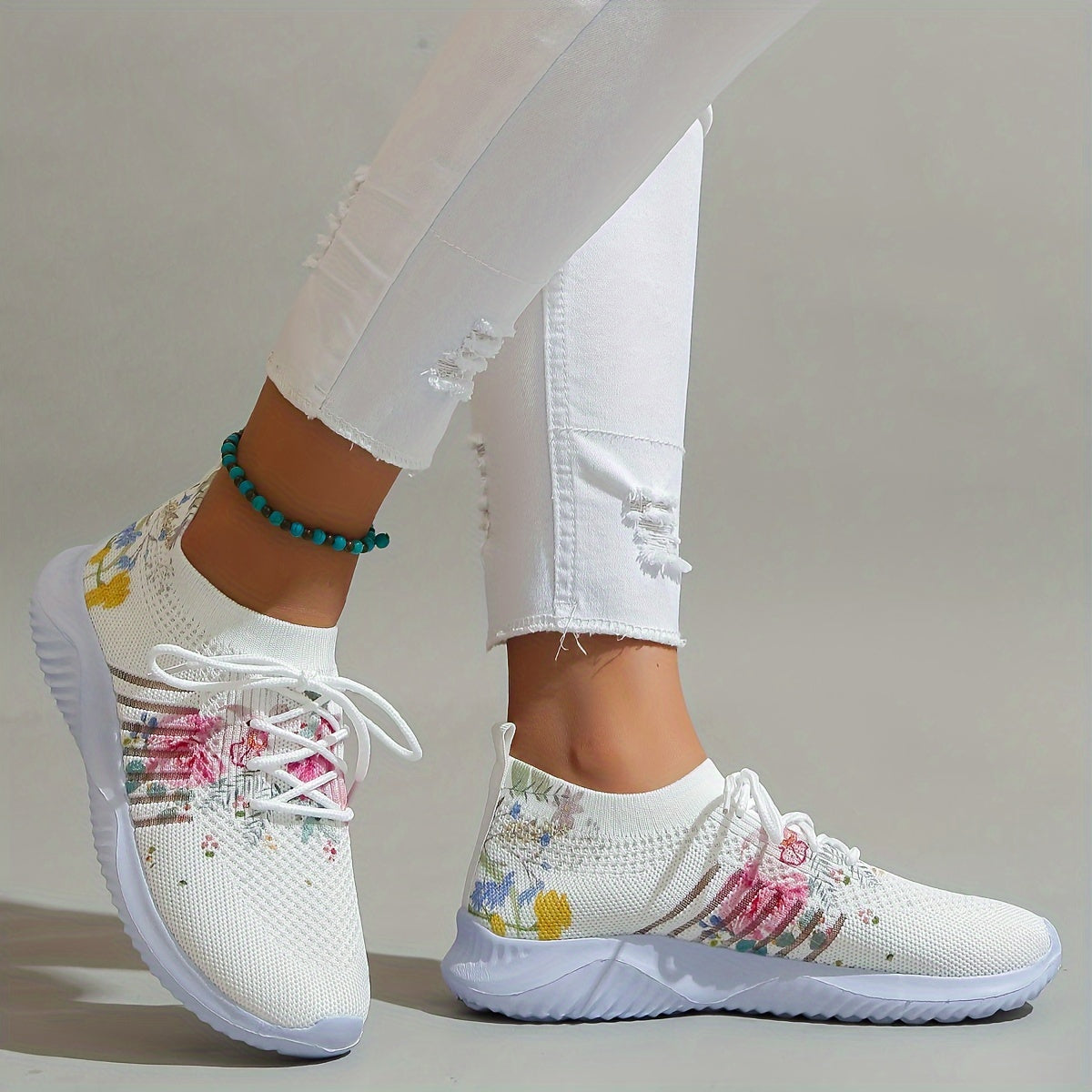 Floral Print Woven Running Shoes Soft Sole Sneakers Women